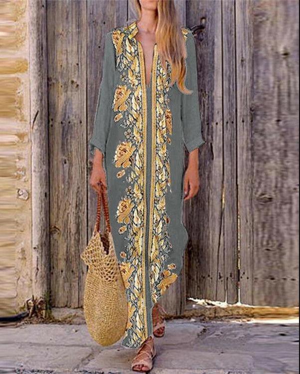 Cime style V-neck flower print holiday maxi dress