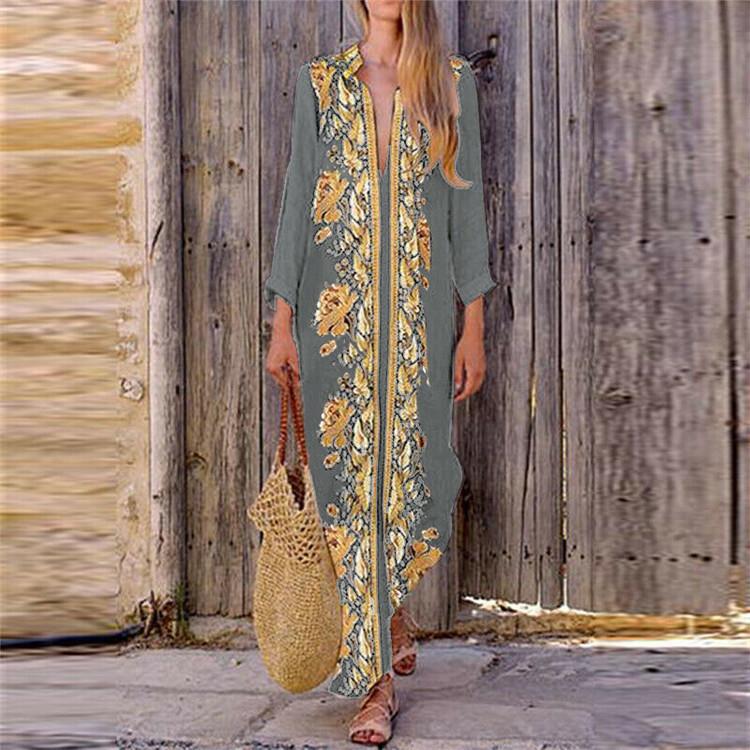 Cime style V-neck flower print holiday maxi dress
