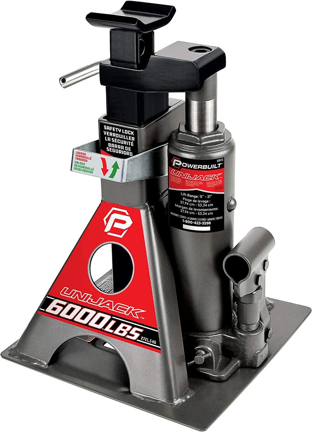 Power 3 Ton All-in-One Hydraulic Bottle Jack and Jackstand in One Unit, Compact, Wide Base, 11- 21 Inch Range, Eliminates Jackstands, for Unibody, Trucks, SUVs, RVs, Cars, Trailers, ASME - 620471