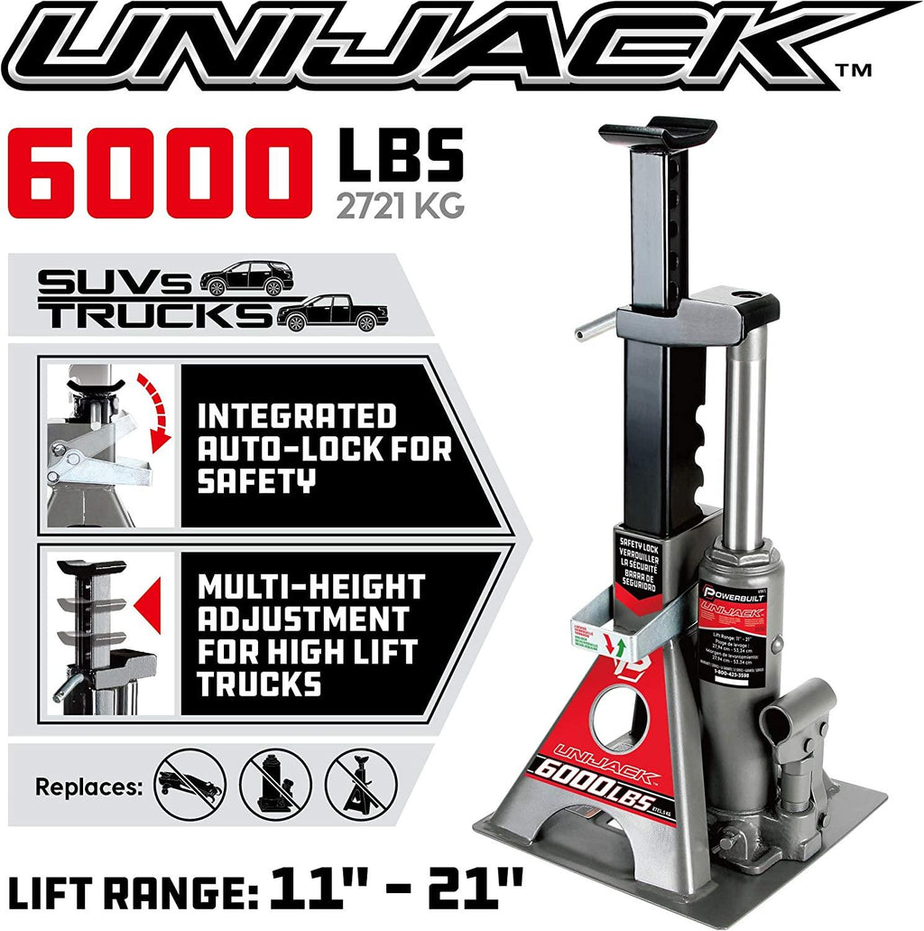 Power 3 Ton All-in-One Hydraulic Bottle Jack and Jackstand in One Unit, Compact, Wide Base, 11- 21 Inch Range, Eliminates Jackstands, for Unibody, Trucks, SUVs, RVs, Cars, Trailers, ASME - 620471