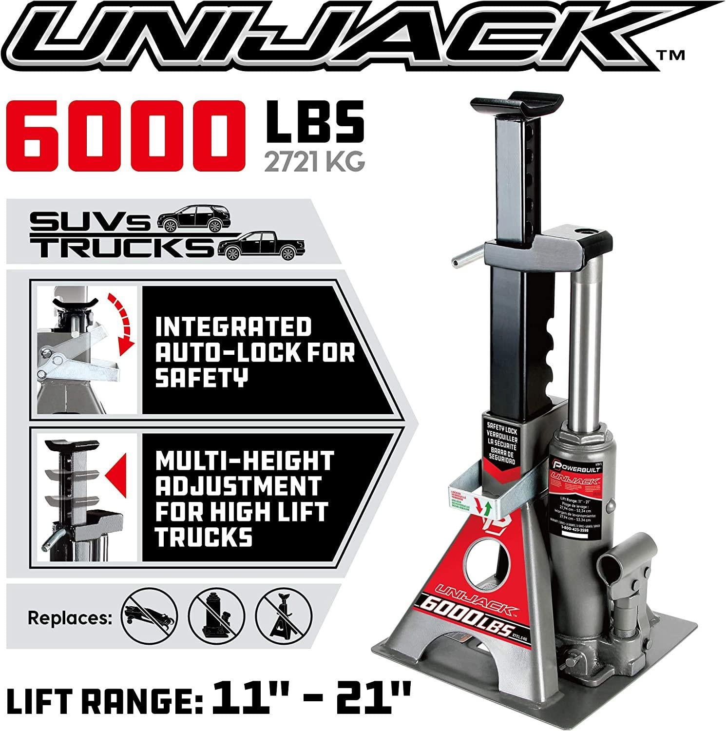 Power 3 Ton All-in-One Hydraulic Bottle Jack and Jackstand in One Unit, Compact, Wide Base, 11- 21 Inch Range, Eliminates Jackstands, for Unibody, Trucks, SUVs, RVs, Cars, Trailers, ASME - 620471