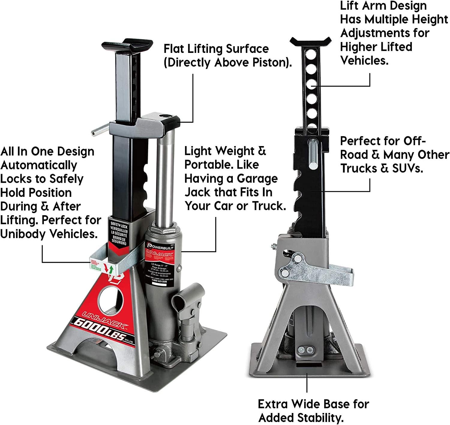 Power 3 Ton All-in-One Hydraulic Bottle Jack and Jackstand in One Unit, Compact, Wide Base, 11- 21 Inch Range, Eliminates Jackstands, for Unibody, Trucks, SUVs, RVs, Cars, Trailers, ASME - 620471