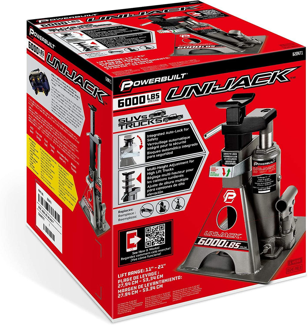 Power 3 Ton All-in-One Hydraulic Bottle Jack and Jackstand in One Unit, Compact, Wide Base, 11- 21 Inch Range, Eliminates Jackstands, for Unibody, Trucks, SUVs, RVs, Cars, Trailers, ASME - 620471