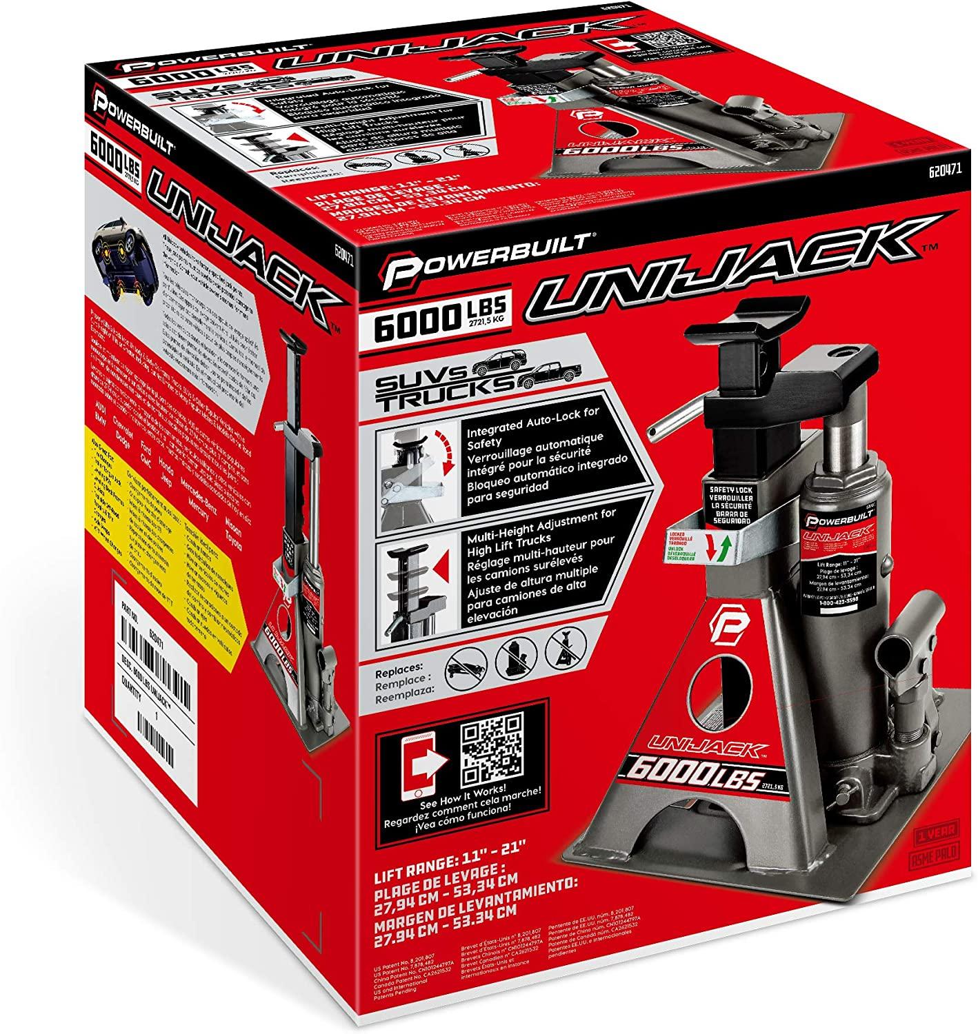Power 3 Ton All-in-One Hydraulic Bottle Jack and Jackstand in One Unit, Compact, Wide Base, 11- 21 Inch Range, Eliminates Jackstands, for Unibody, Trucks, SUVs, RVs, Cars, Trailers, ASME - 620471