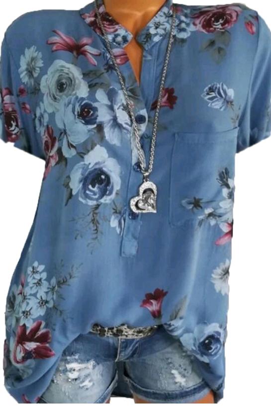 Band Collar Loose Fitting Print Blouses