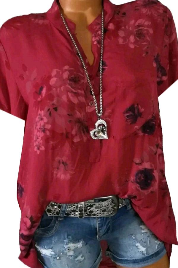 Band Collar Loose Fitting Print Blouses