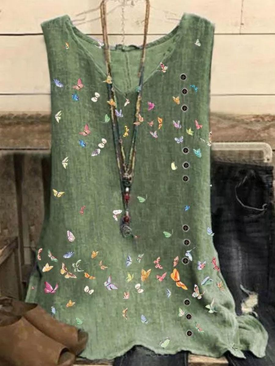 V-neck Butterfly Print Sleeveless Fashion Blouse