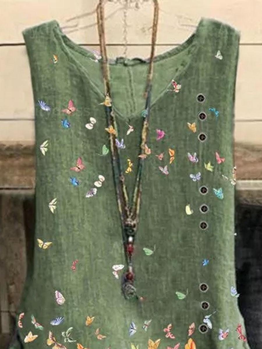 V-neck Butterfly Print Sleeveless Fashion Blouse
