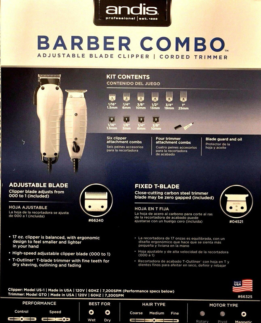 ANDIS BARBER COMBO   T OUTLINER TRIMMER SILVER UPC, 040102663253 MADE IN USA
