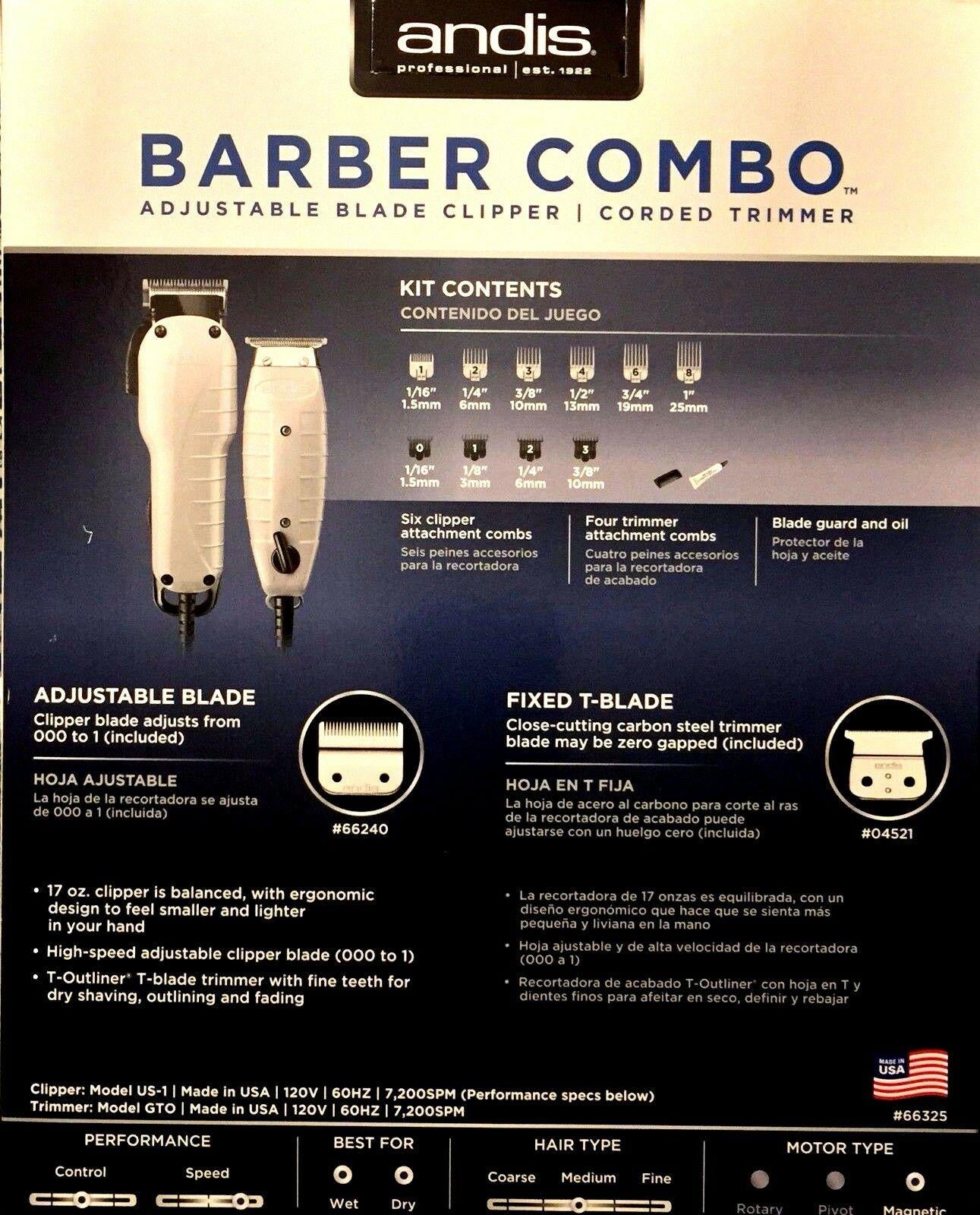 ANDIS BARBER COMBO   T OUTLINER TRIMMER SILVER UPC, 040102663253 MADE IN USA