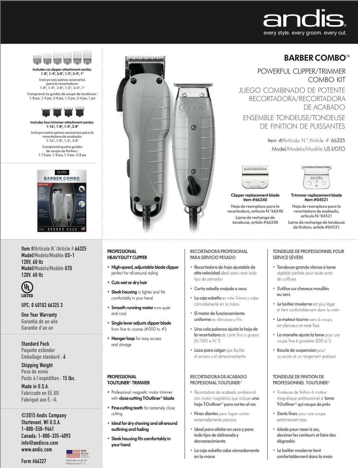 ANDIS BARBER COMBO   T OUTLINER TRIMMER SILVER UPC, 040102663253 MADE IN USA
