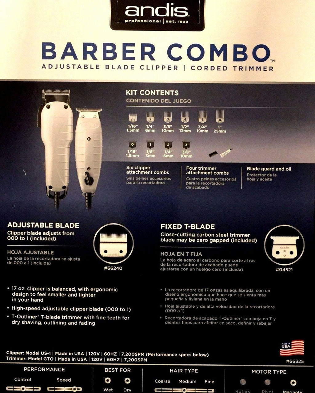 ANDIS BARBER COMBO   T OUTLINER TRIMMER SILVER UPC, 040102663253 MADE IN USA