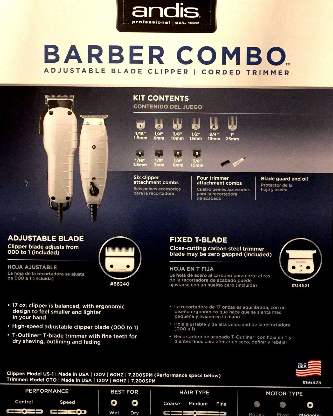 ANDIS BARBER COMBO   T OUTLINER TRIMMER SILVER UPC, 040102663253 MADE IN USA