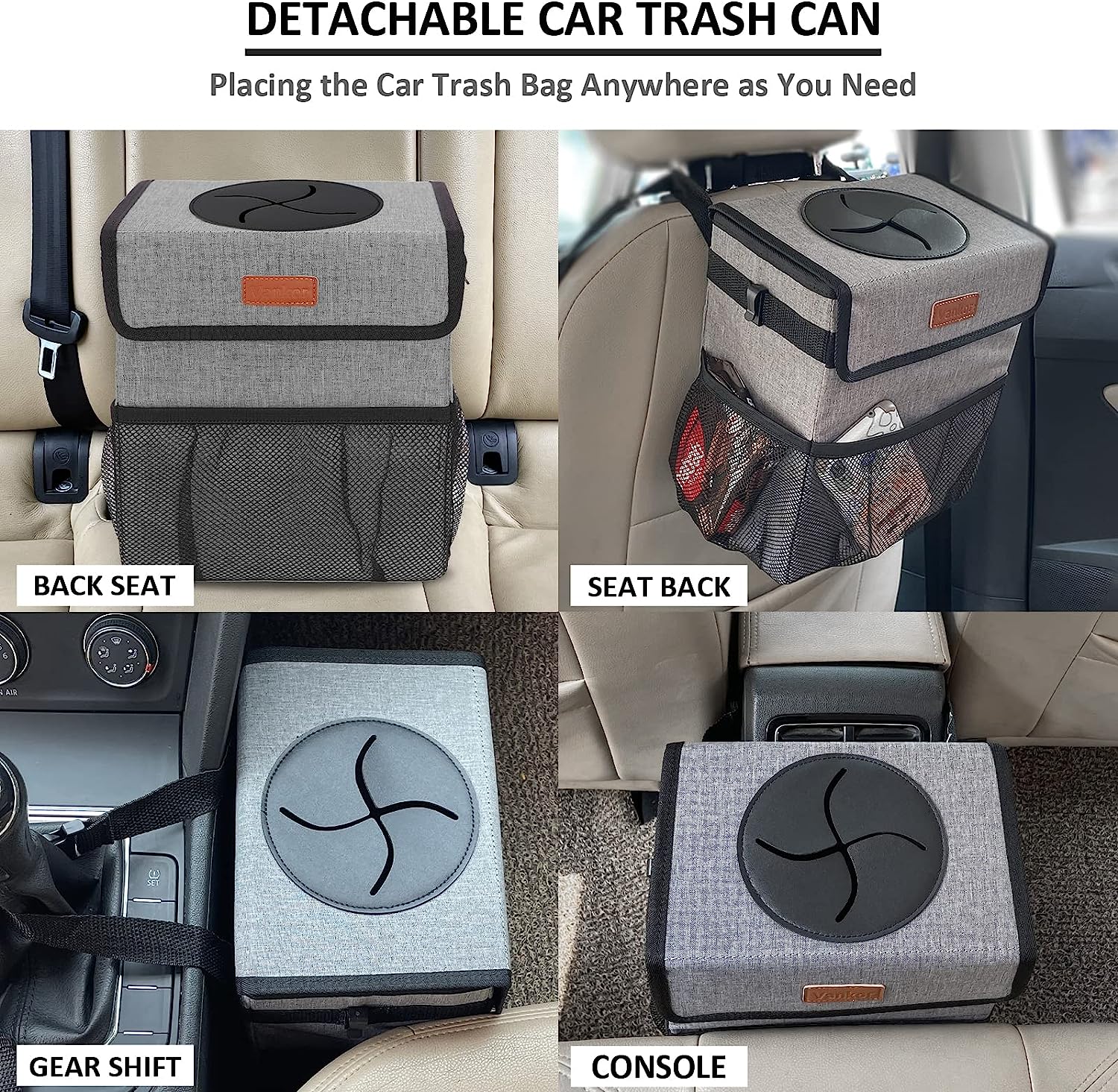 Vankor Cute Leak Proof Trash Can, Trash Bag Bin, Hanging Waterproof Automotive Garbage Cans For Vehicles, Car, Grey