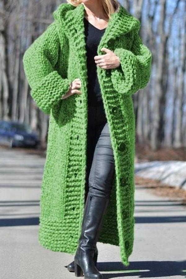 Chunky knit long hooded cardigan