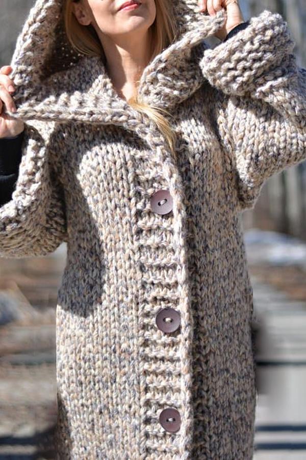 Chunky knit long hooded cardigan