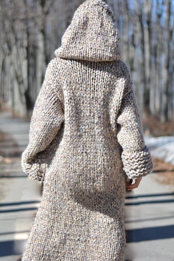 Chunky knit long hooded cardigan