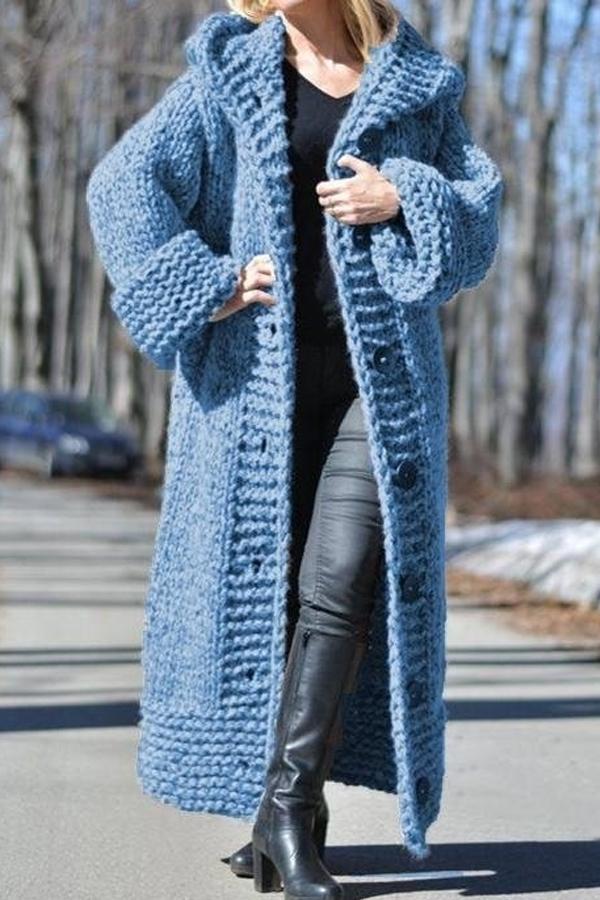 Chunky knit long hooded cardigan
