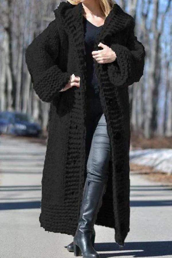 Chunky knit long hooded cardigan