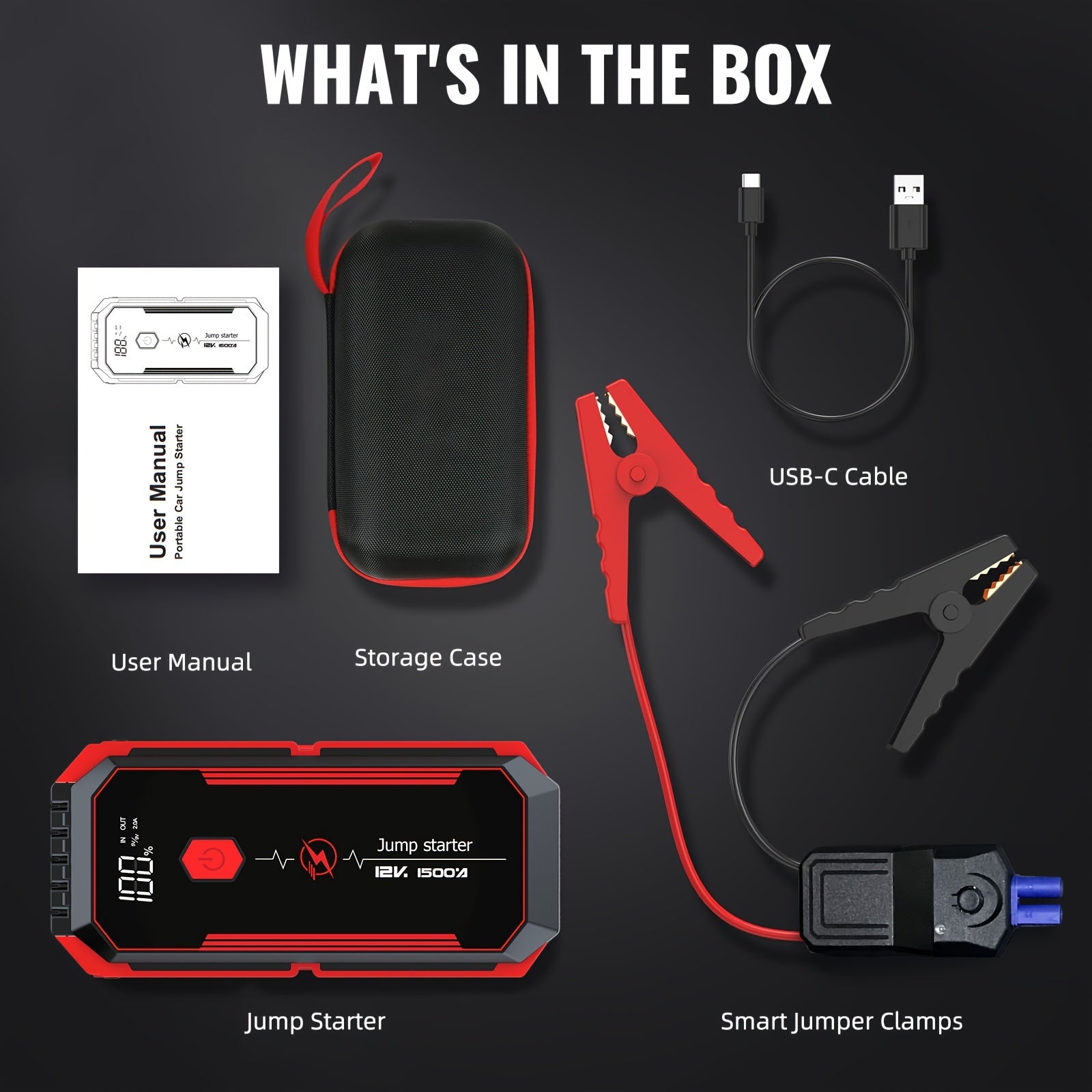 Car Jump Starter 2500A Peak Car Battery Jump Starter  Up To 2.11gal Gas And 1.85gal Diesel Engine 12V Portable Lithium Jump Starter LED Light/USB QC3.0