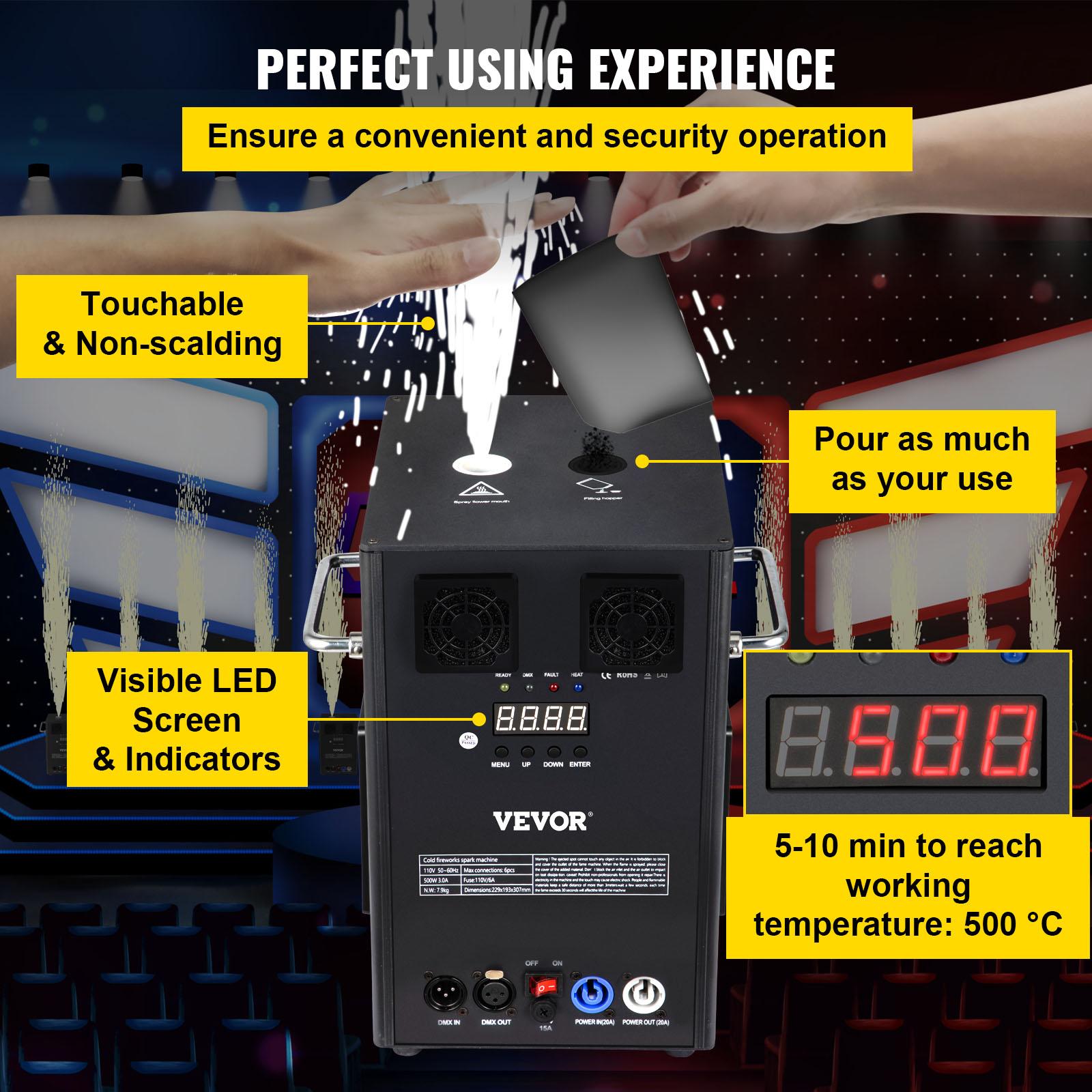 700W 2pcs LarCold Spark Firework Machine 6.6-9.8ft Adjustable StaEffect Rohs Approved Low Noise Smokeless for StaDJ Disco