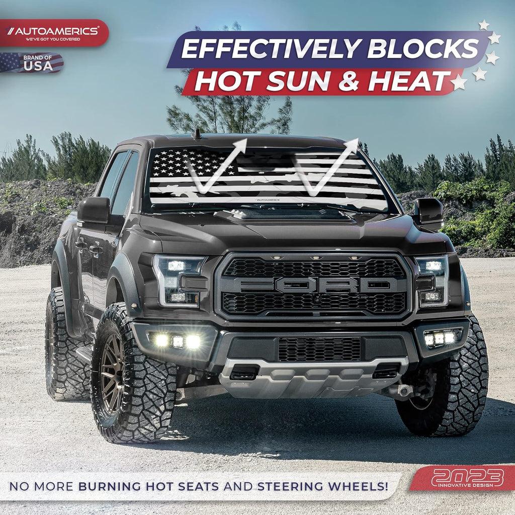 Autoamerics 1-Piece Windshield Sun Shade B&amp;W Camo American Flag USA  - Foldable Car Front Window Sunshade for Most Sedans SUV Truck - Blocks Max UV Rays and Keeps Your Vehicle Cool - Small