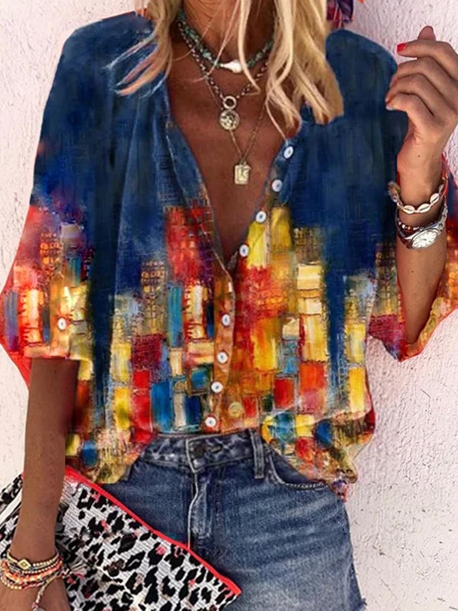 Casual V-Neck 34 Sleeves Button Up Shirt Blouses