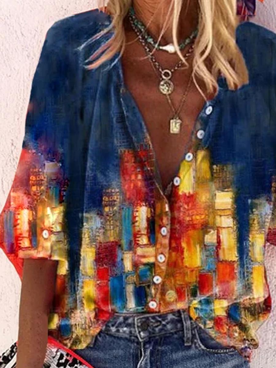 Casual V-Neck 34 Sleeves Button Up Shirt Blouses