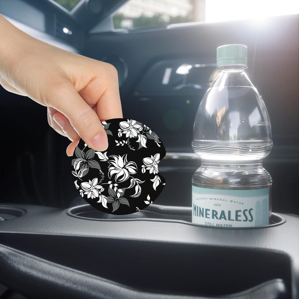 Nipichsha Car Cup Holder Coasters, Car Coasters for Cup Holders, 2 Pack Anti Slip Insert Coasters, Rubber Car Cup Mat with A Finger Notch, Cute Car Interior Accessories for Women Men(Black Flower)