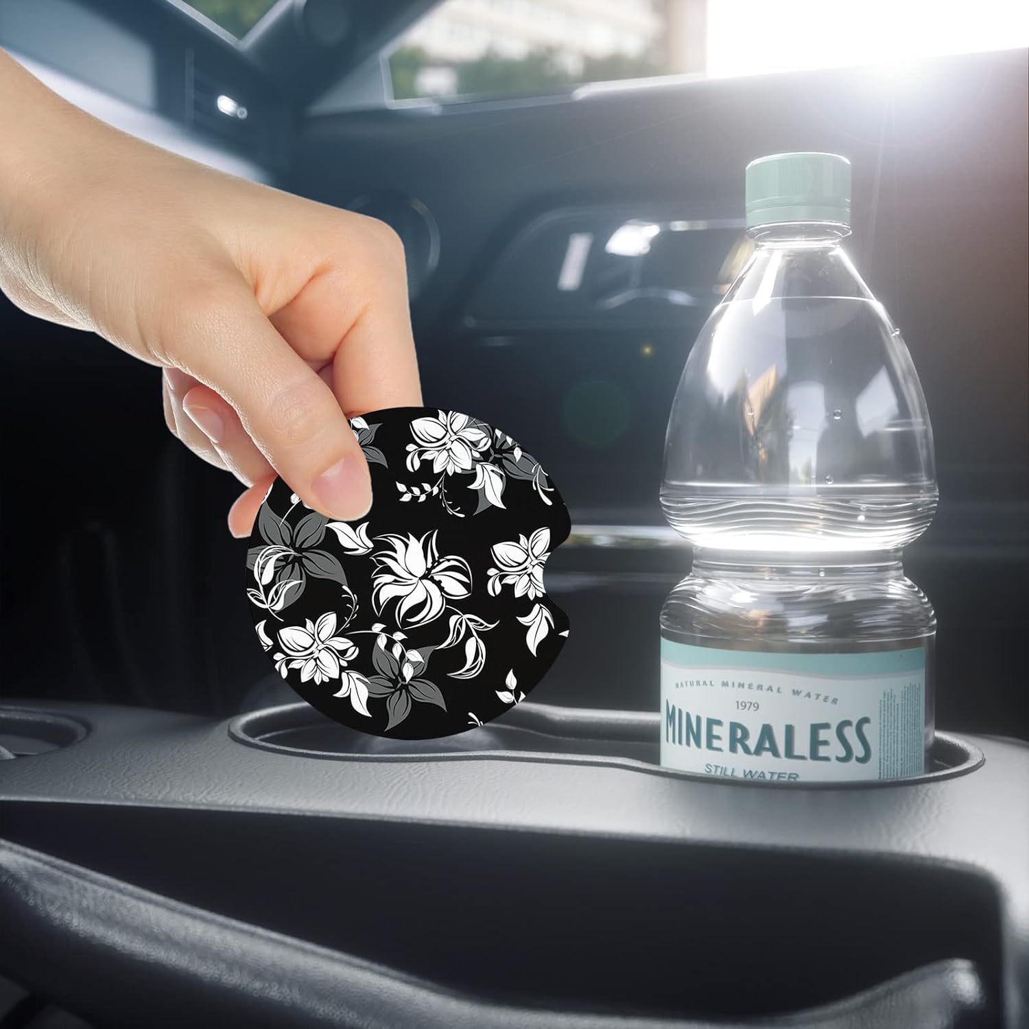 Nipichsha Car Cup Holder Coasters, Car Coasters for Cup Holders, 2 Pack Anti Slip Insert Coasters, Rubber Car Cup Mat with A Finger Notch, Cute Car Interior Accessories for Women Men(Black Flower)