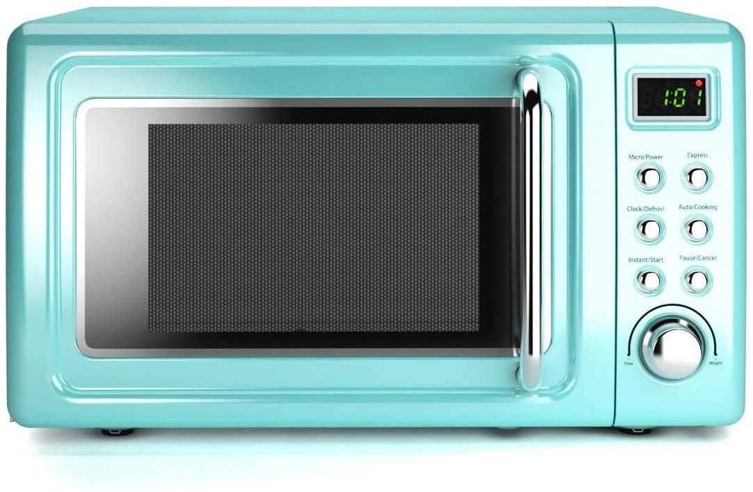 Retro Countertop Microwave Oven, 0.7Cu.ft, 700-Watt, Cold Rolled Steel Plate, 5 Micro Power, Delayed Start Function, with Glass Turntable & Viewing Window, LED Display, Child Lock (Green)