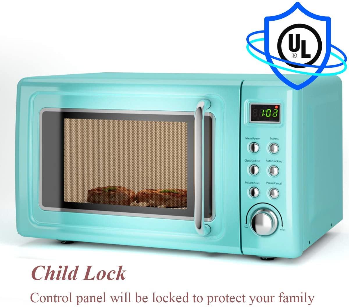 Retro Countertop Microwave Oven, 0.7Cu.ft, 700-Watt, Cold Rolled Steel Plate, 5 Micro Power, Delayed Start Function, with Glass Turntable & Viewing Window, LED Display, Child Lock (Green)