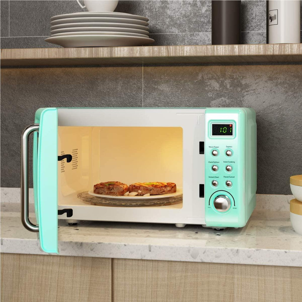 Retro Countertop Microwave Oven, 0.7Cu.ft, 700-Watt, Cold Rolled Steel Plate, 5 Micro Power, Delayed Start Function, with Glass Turntable & Viewing Window, LED Display, Child Lock (Green)