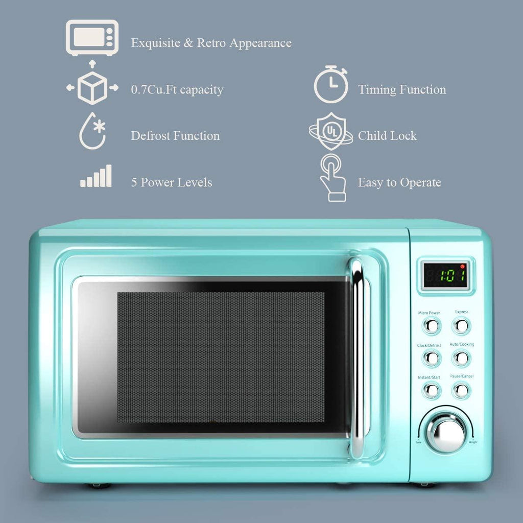 Retro Countertop Microwave Oven, 0.7Cu.ft, 700-Watt, Cold Rolled Steel Plate, 5 Micro Power, Delayed Start Function, with Glass Turntable & Viewing Window, LED Display, Child Lock (Green)