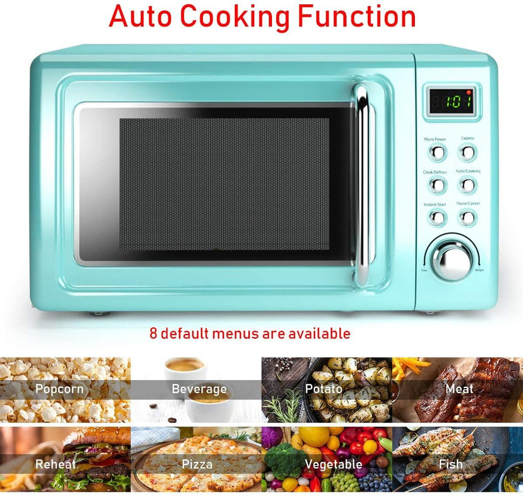 Retro Countertop Microwave Oven, 0.7Cu.ft, 700-Watt, Cold Rolled Steel Plate, 5 Micro Power, Delayed Start Function, with Glass Turntable & Viewing Window, LED Display, Child Lock (Green)