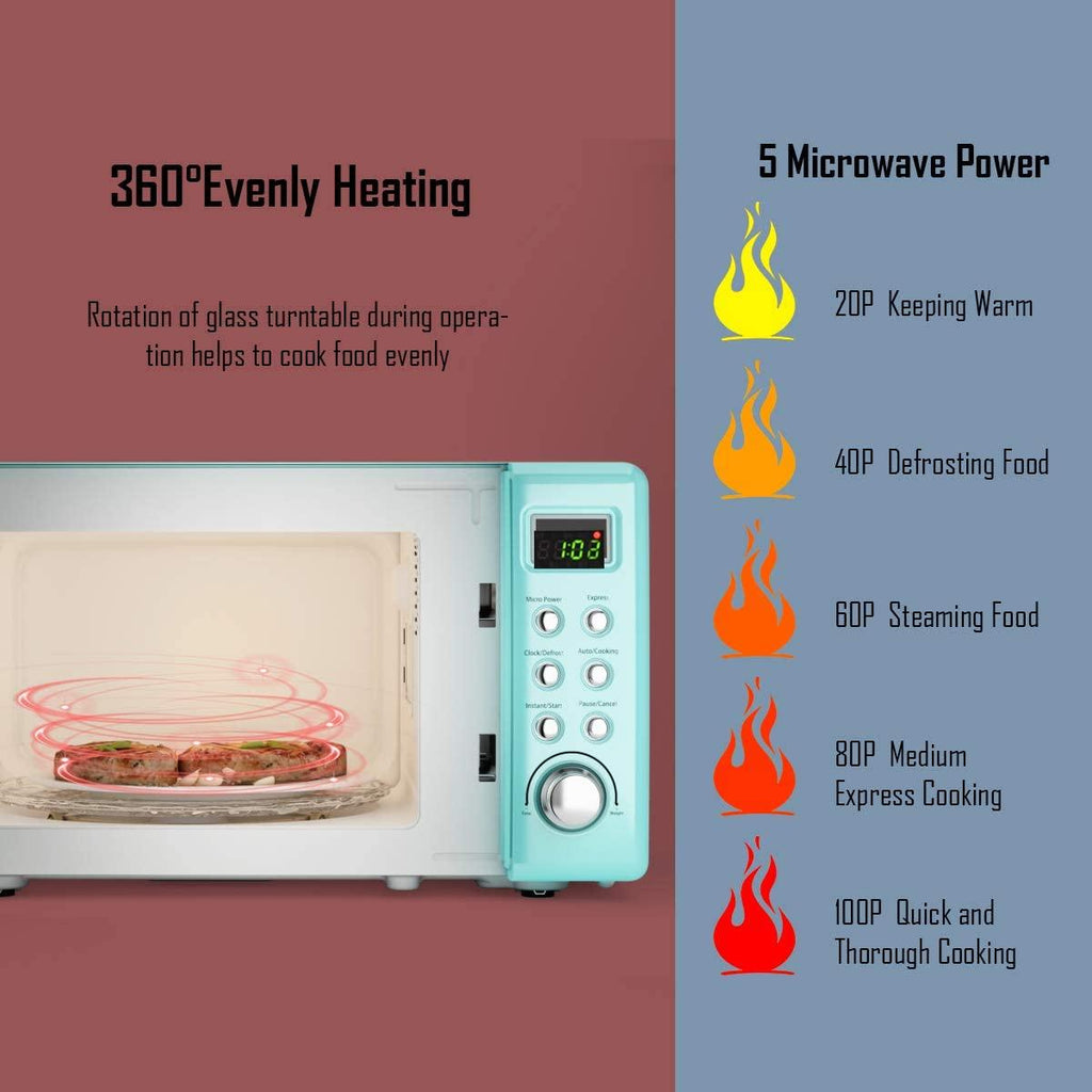 Retro Countertop Microwave Oven, 0.7Cu.ft, 700-Watt, Cold Rolled Steel Plate, 5 Micro Power, Delayed Start Function, with Glass Turntable & Viewing Window, LED Display, Child Lock (Green)