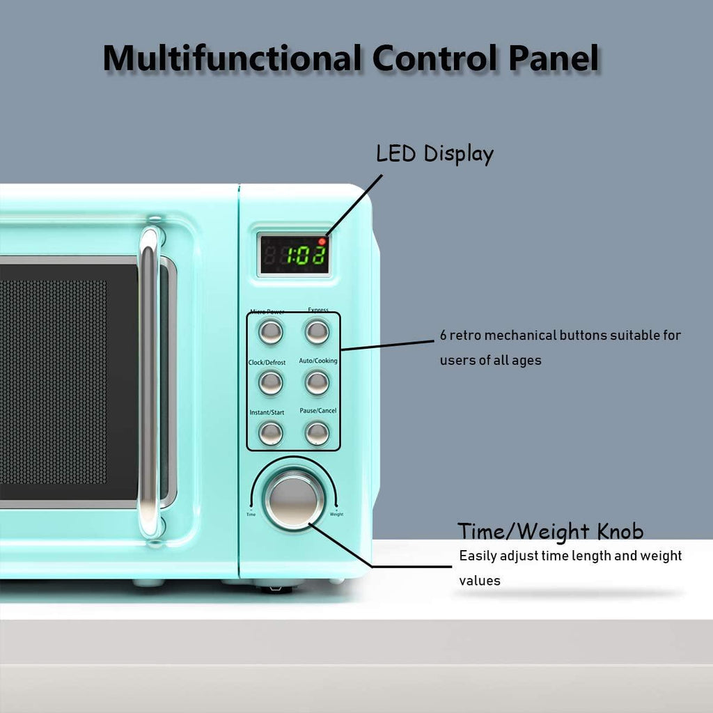 Retro Countertop Microwave Oven, 0.7Cu.ft, 700-Watt, Cold Rolled Steel Plate, 5 Micro Power, Delayed Start Function, with Glass Turntable & Viewing Window, LED Display, Child Lock (Green)