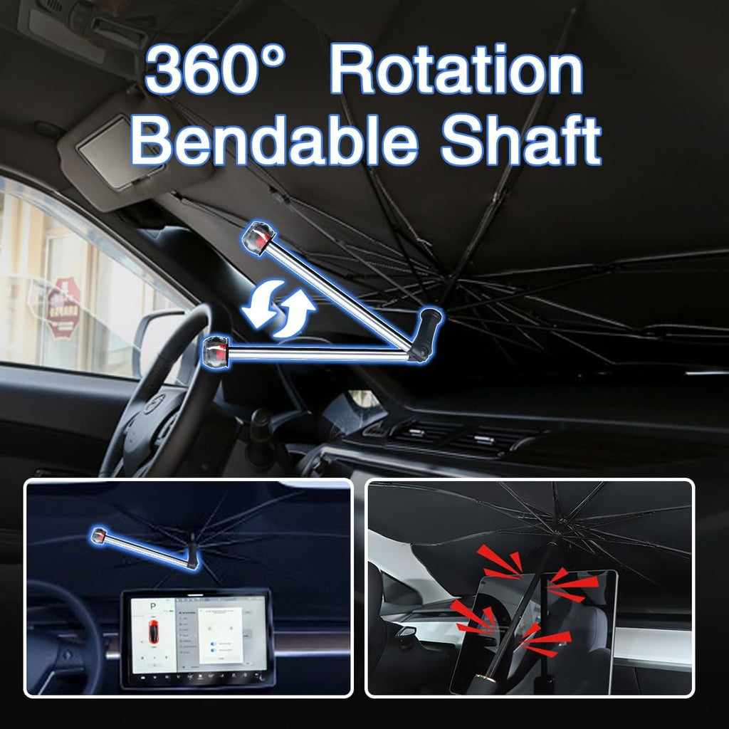 Windshield Sun Shade with 360° Rotating Shaft -Upgraded Car Sunshade with Window Breaker, Car Umbrella Sun Shade Cover for UV Protection