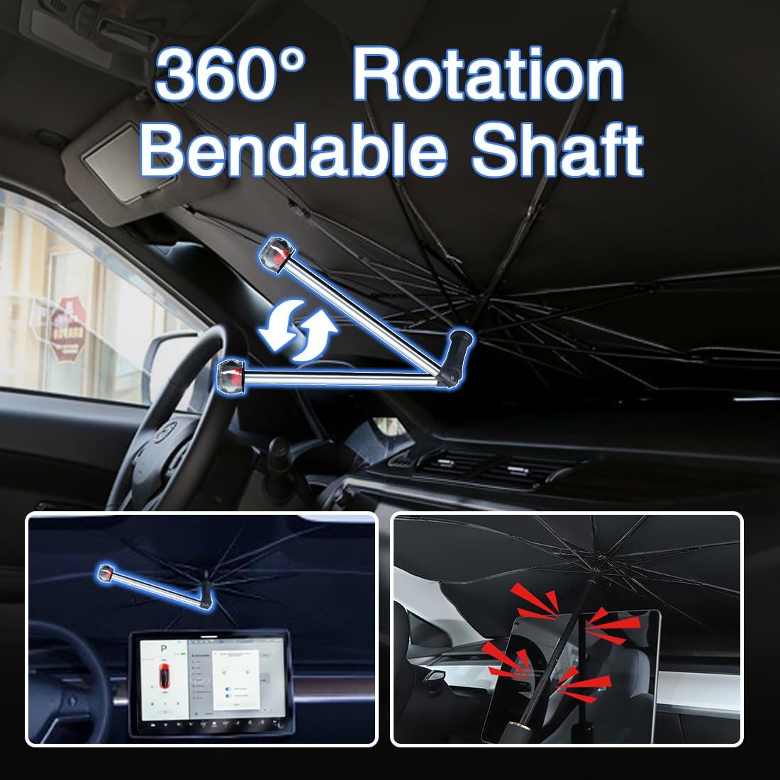 Upgraded Windshield Sun Shade, Car Sunshade with 360° Rotating Shaft, Umbrella Sun Shade Cover with Window Breaker, Suitable for Sedan, SUV, Pickup（Blue Sky）