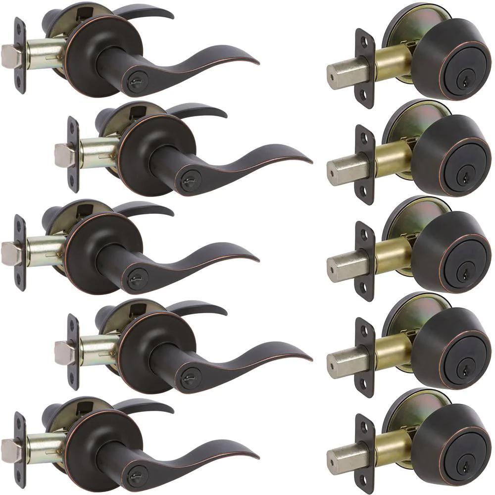 5-Bennett Edged Oil Rubbed Bronze Entry Door Levers and 5-Edged Oil Rubbed Bronze Sgl Cyl Deadbolts All Keyed Alike