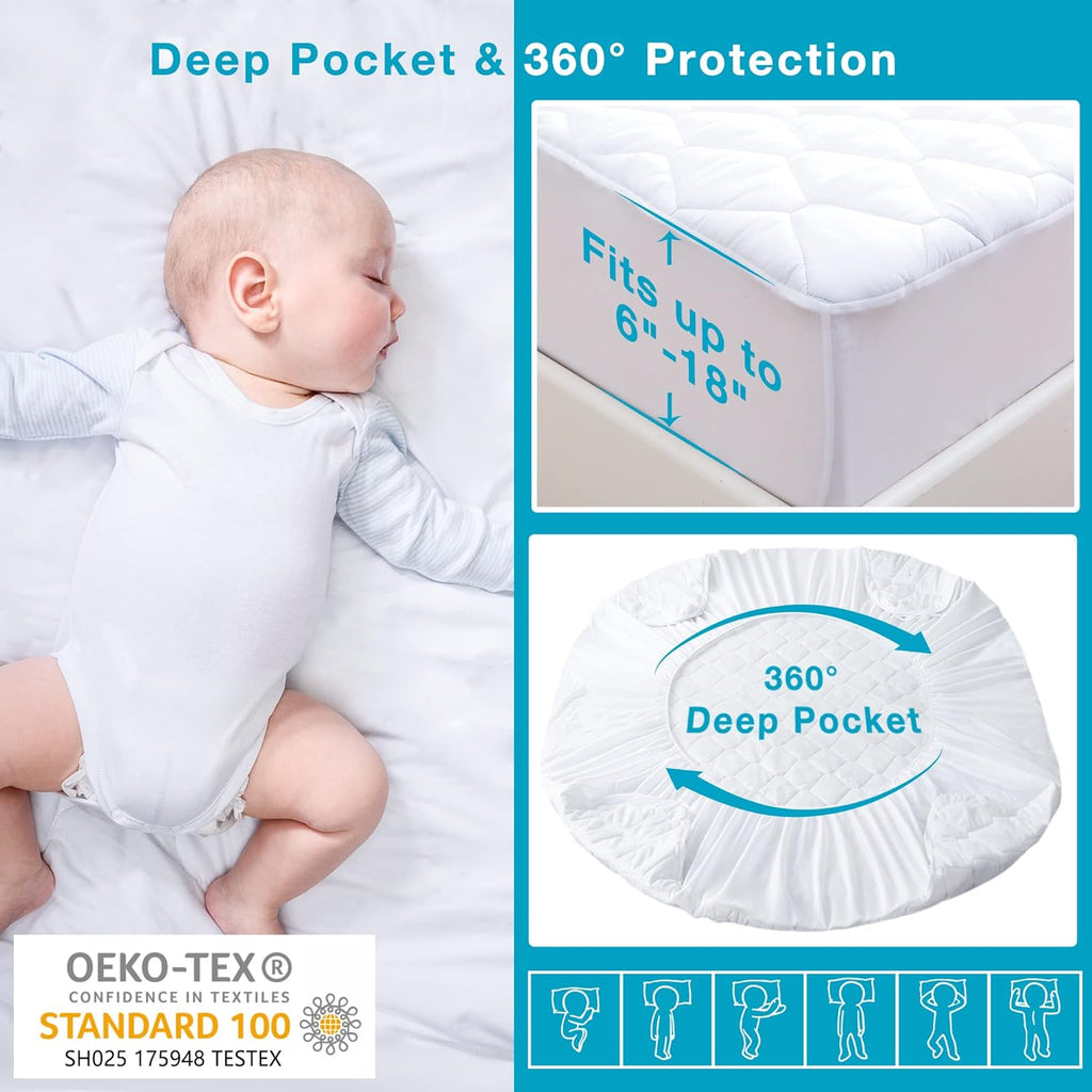 Queen Mattress Protector, Waterproof Breathable Noiseless Queen Mattress Pad with Deep Pocket for 6-18 inches Mattress, White