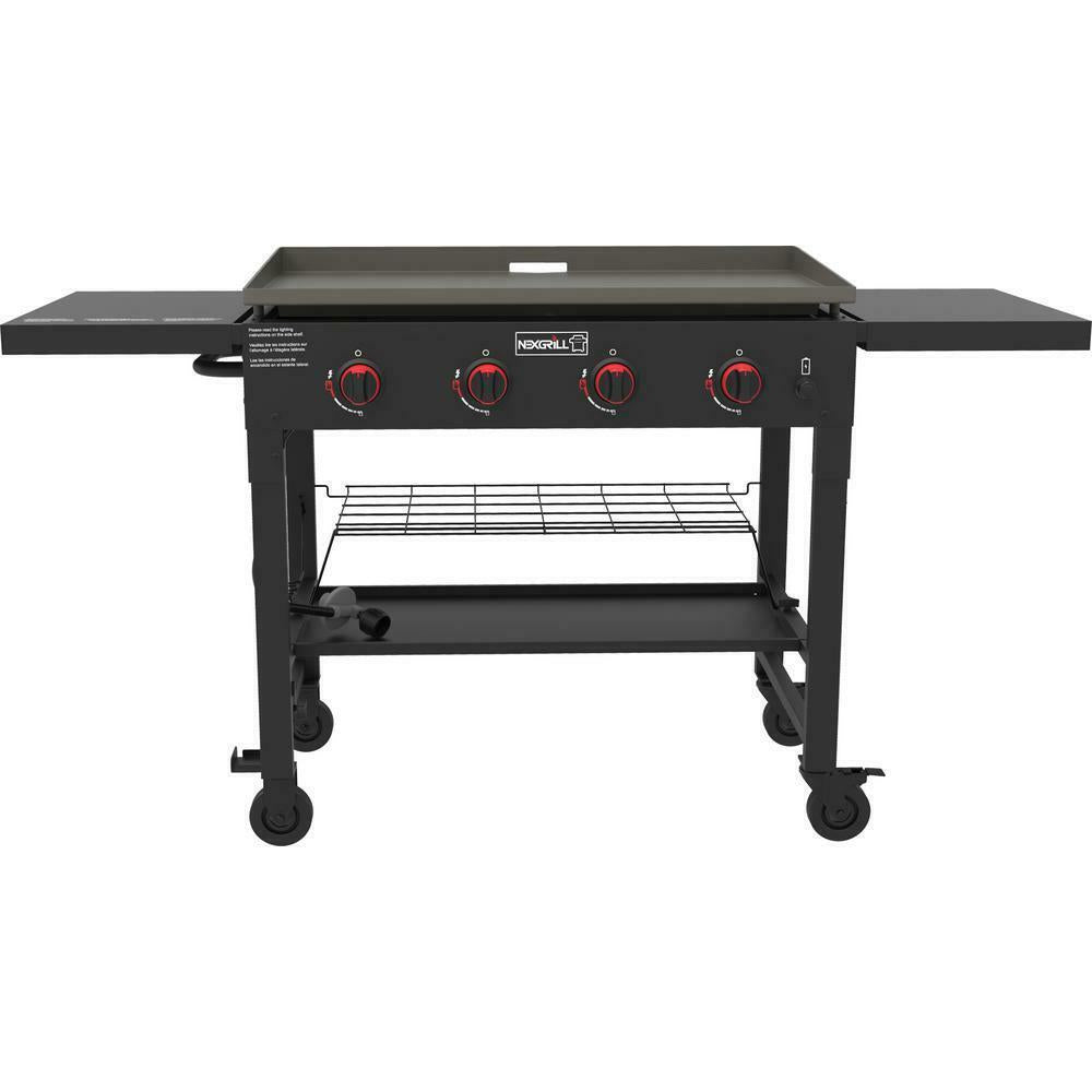 Propane Gas BBQ Grill Griddle Top 4 Burner Side Tables Cart Style Black