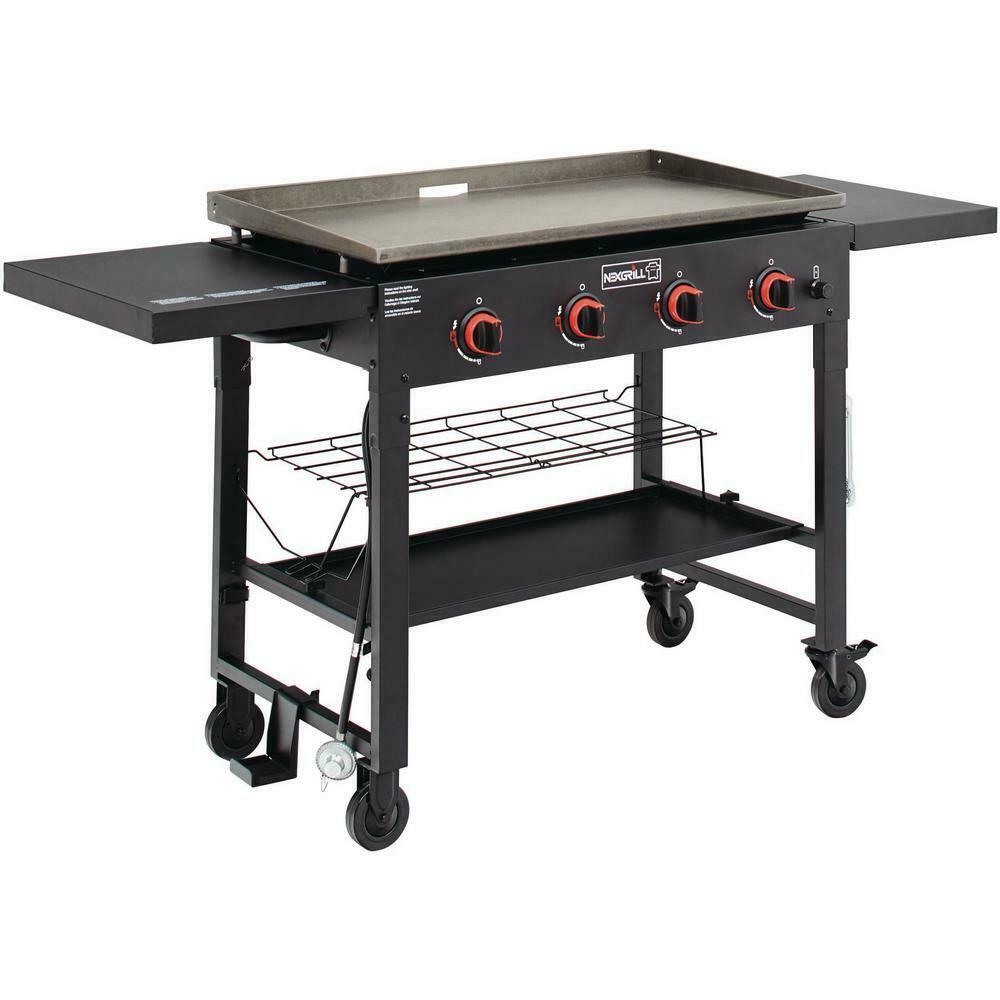 Propane Gas BBQ Grill Griddle Top 4 Burner Side Tables Cart Style Black
