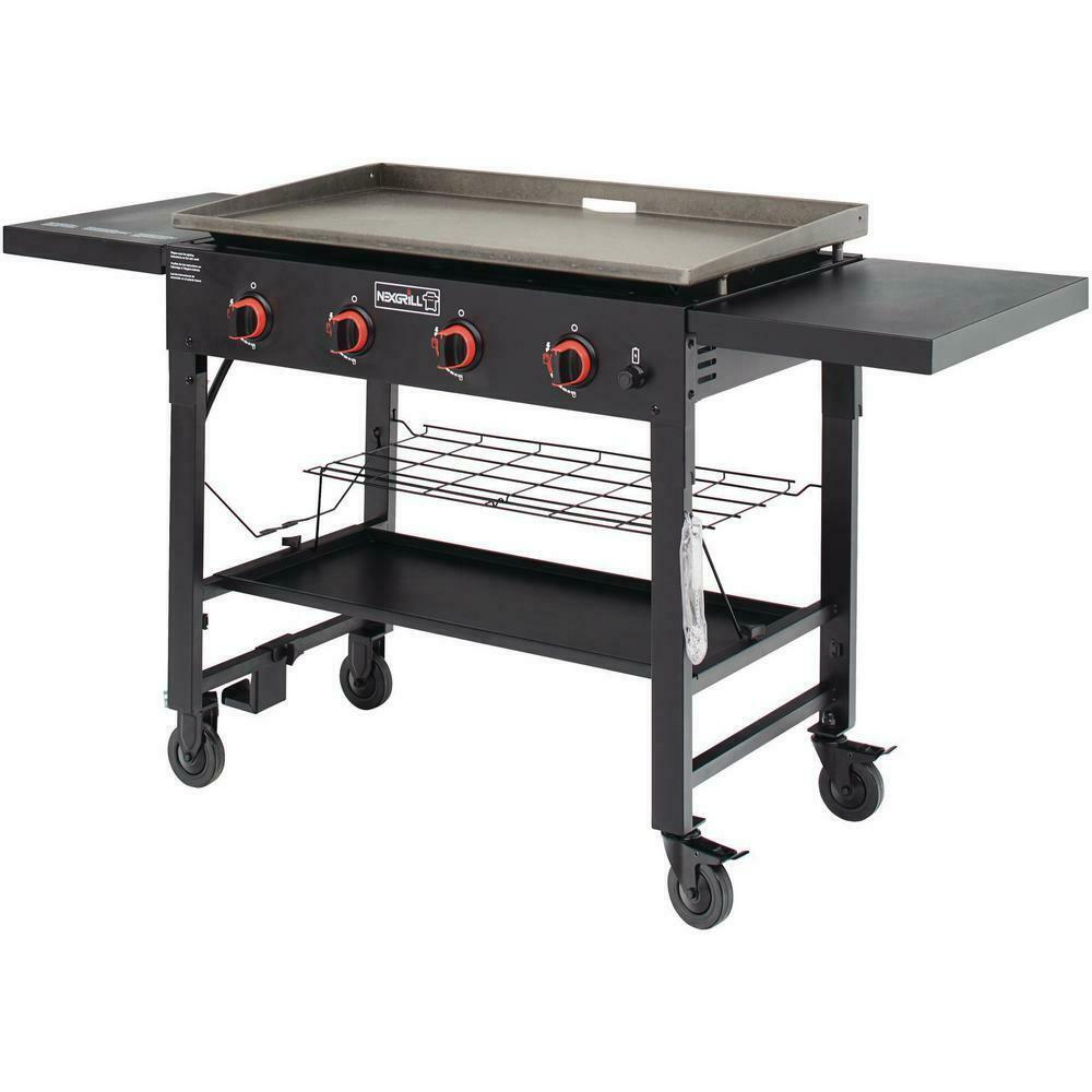 Propane Gas BBQ Grill Griddle Top 4 Burner Side Tables Cart Style Black