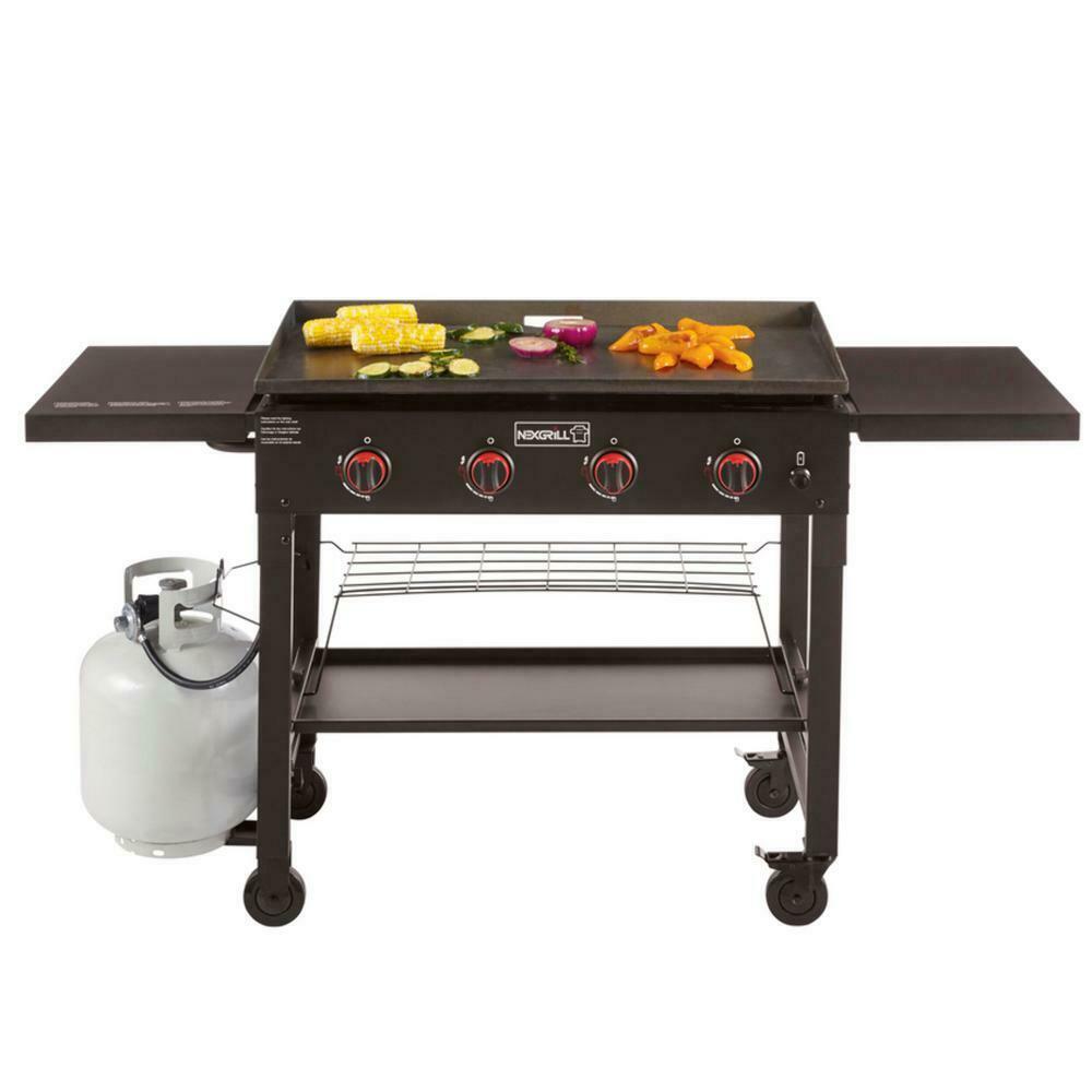 Propane Gas BBQ Grill Griddle Top 4 Burner Side Tables Cart Style Black