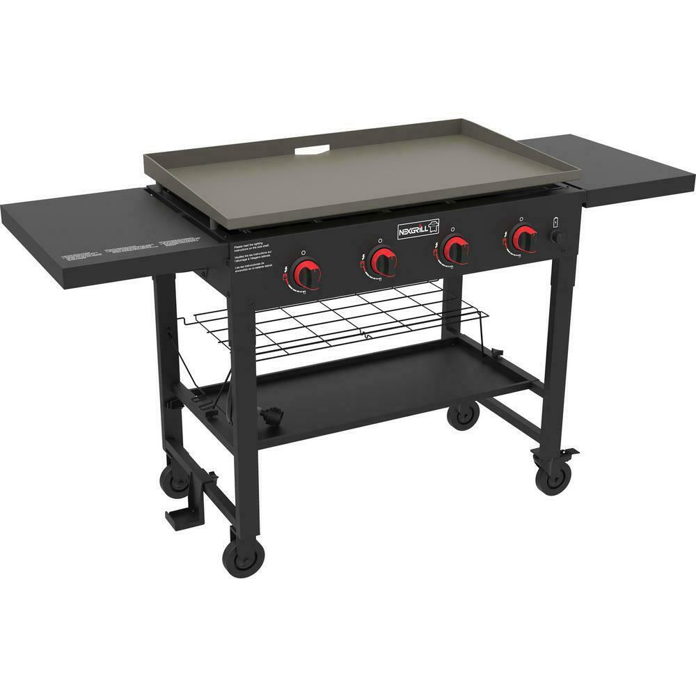 Propane Gas BBQ Grill Griddle Top 4 Burner Side Tables Cart Style Black