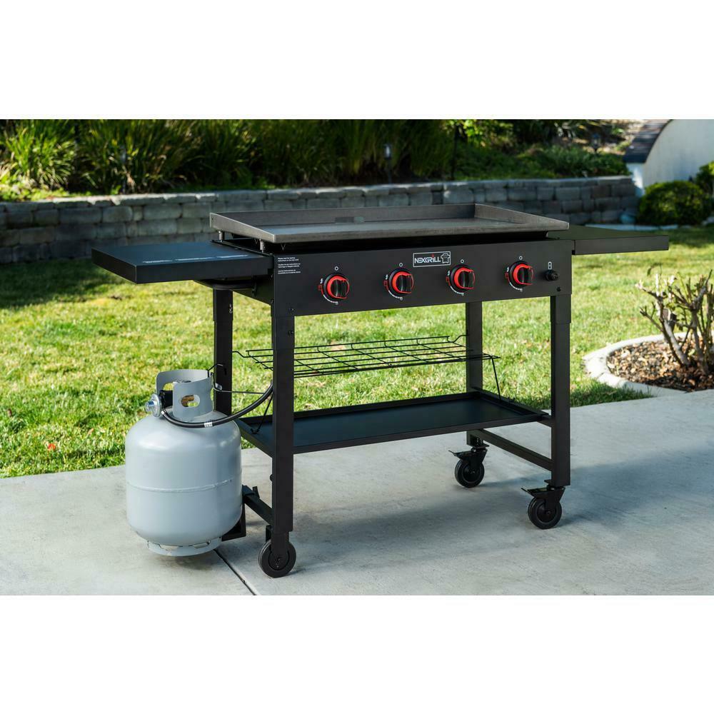 Propane Gas BBQ Grill Griddle Top 4 Burner Side Tables Cart Style Black
