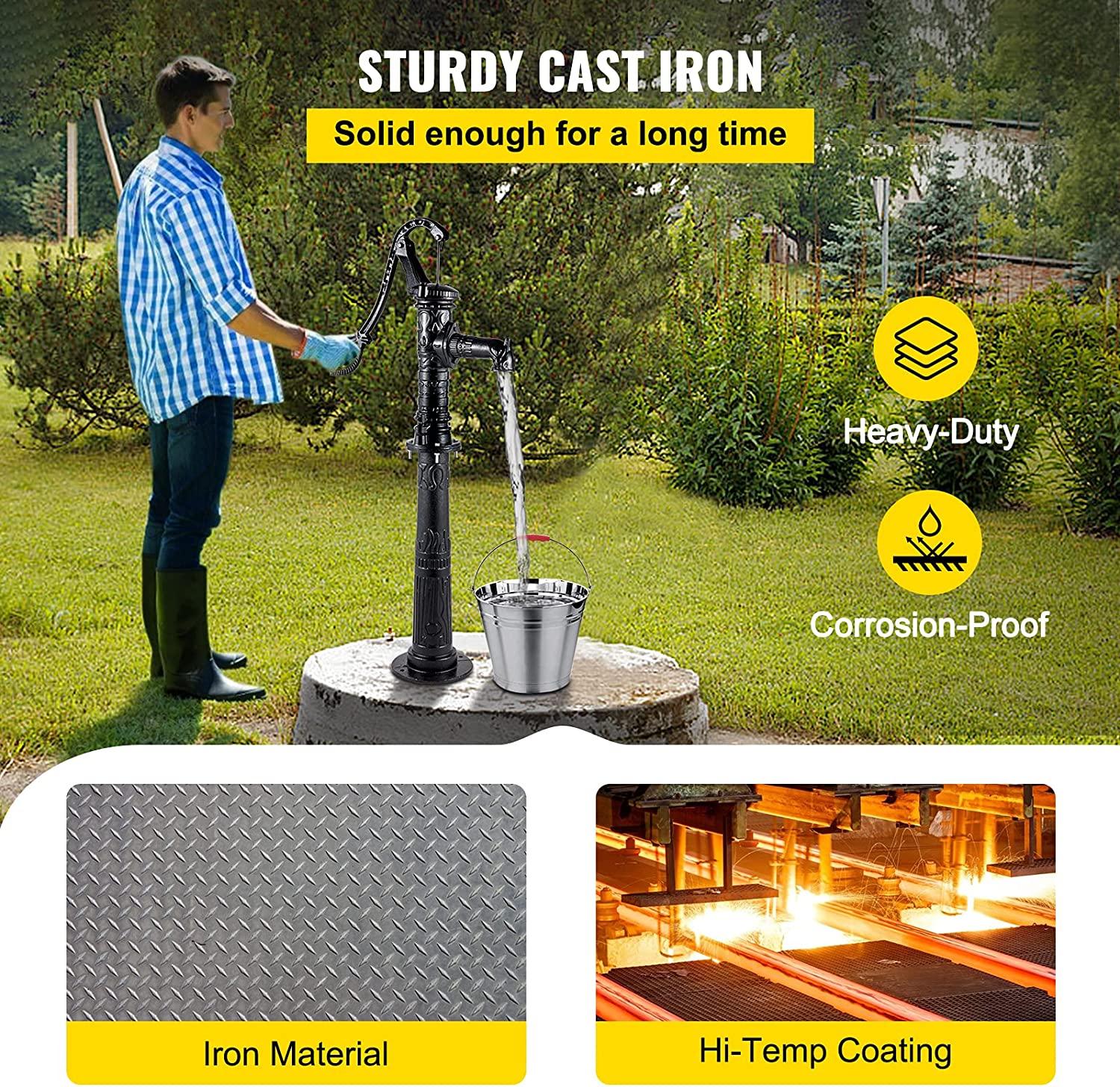 Hand Water Pump w/ Stand, 15.7 x 9.4 x 53.1 inch Pitcher Pump & 26 inch Pump Stand w/ Pre-set 1/2" Holes for Easy Installation, Rustic Cast Iron Well Pump for Yard, Garden, Farm Irrigation,Black