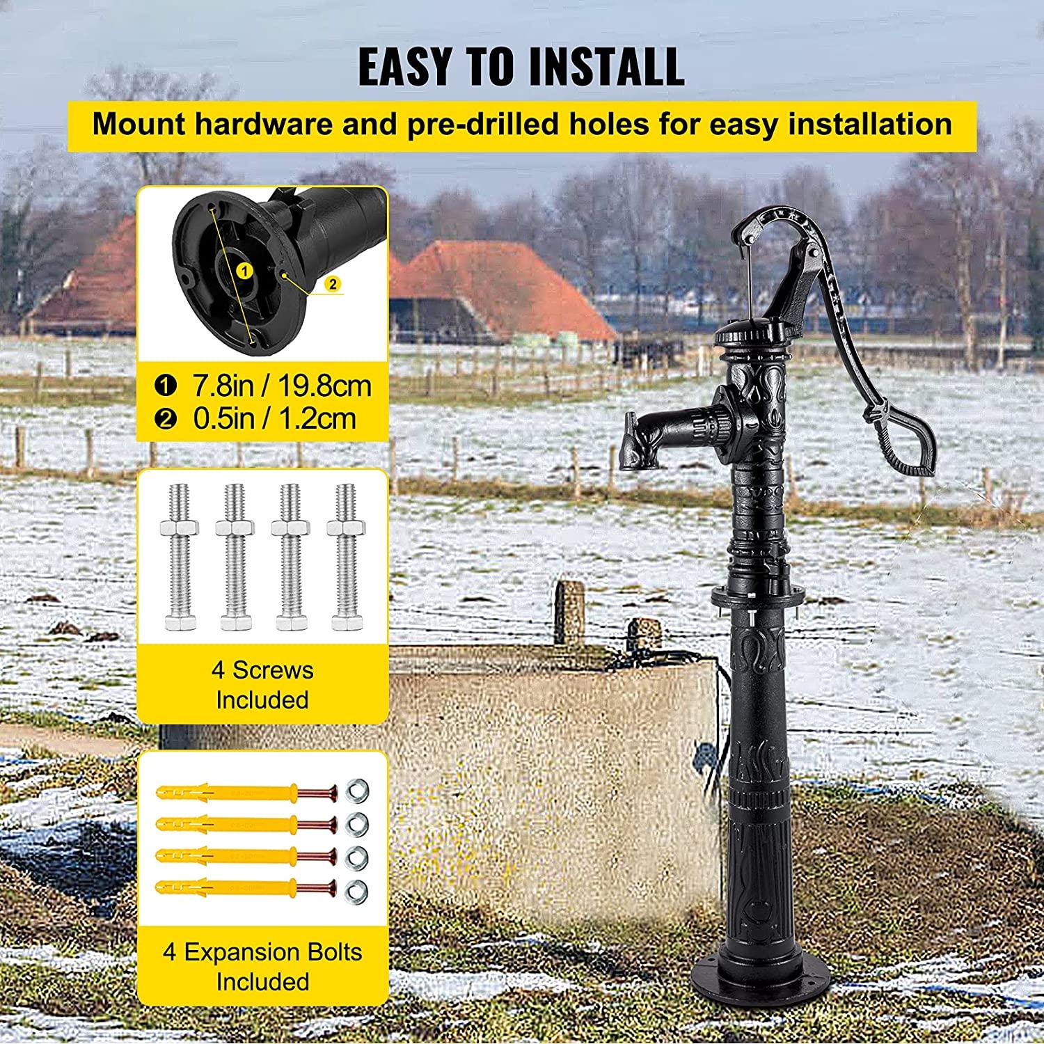 Hand Water Pump w/ Stand, 15.7 x 9.4 x 53.1 inch Pitcher Pump & 26 inch Pump Stand w/ Pre-set 1/2" Holes for Easy Installation, Rustic Cast Iron Well Pump for Yard, Garden, Farm Irrigation,Black