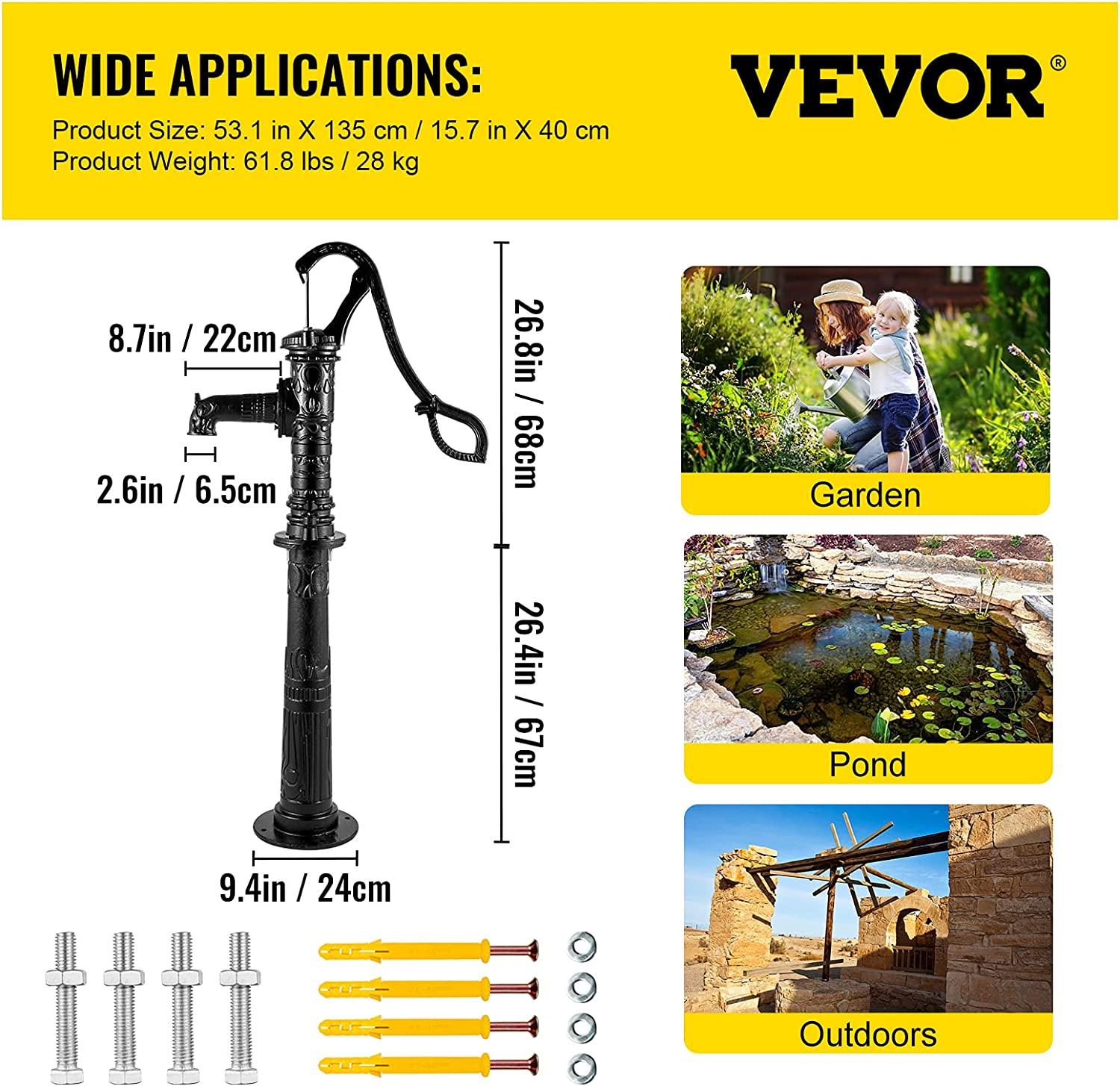 Hand Water Pump w/ Stand, 15.7 x 9.4 x 53.1 inch Pitcher Pump & 26 inch Pump Stand w/ Pre-set 1/2" Holes for Easy Installation, Rustic Cast Iron Well Pump for Yard, Garden, Farm Irrigation,Black